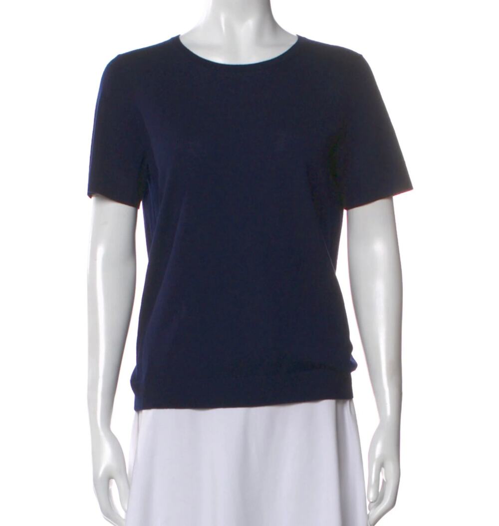 St. John Navy Blue Wool Knit Shell Short Sleeve Keyhole Back Size Small